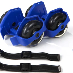 Blue Skate Buds strap-on heel skates with LED wheels, adjustable straps, and tools for kids, teens, and adults.