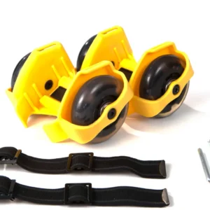 Yellow Skate Buds strap-on heel skates with LED wheels, adjustable straps, and tools for kids, teens, and adults.