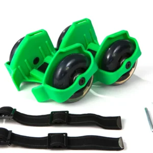 Green Skate Buds strap-on heel skates with LED wheels, adjustable straps, and tools for kids, teens, and adults