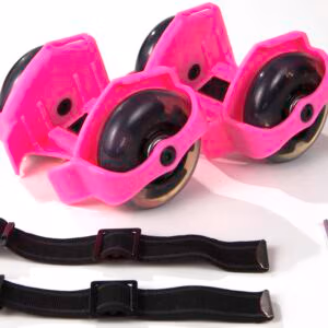 Pink Skate Buds strap-on heel skates with LED wheels, adjustable straps, and tools for kids, teens, and adults