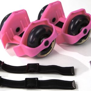 Pink Skate Buds strap-on heel skates with LED wheels, adjustable straps, and tools for kids, teens, and adults